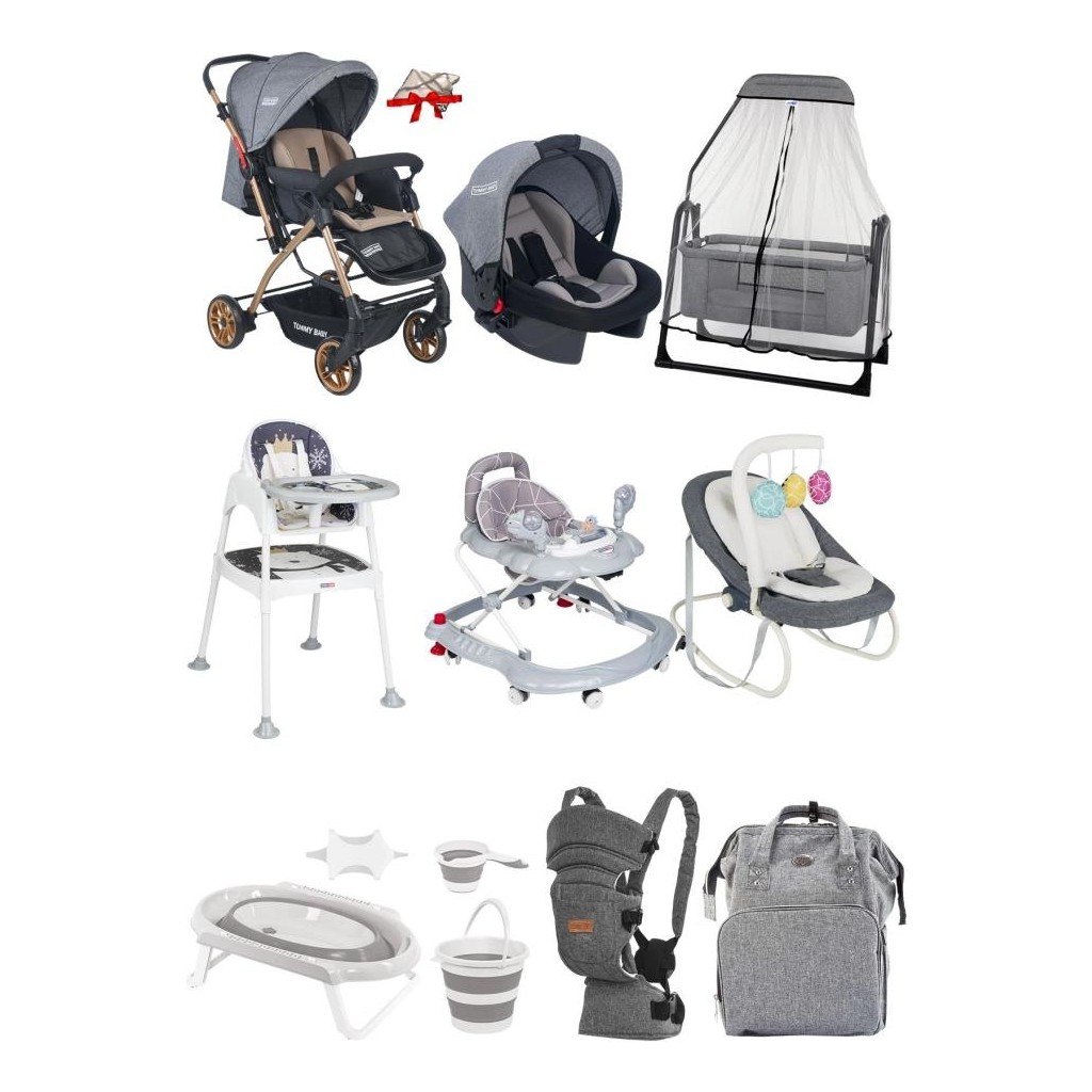 Tommybaby 14 Parça Çeyiz Seti Bebekarabası,puset,anakucağı,yürüteç,mamasandalyesi,beşik,kanguru,çanta,küvettkm - Gri Bebek Arabası ve Pusetler Fiyatı