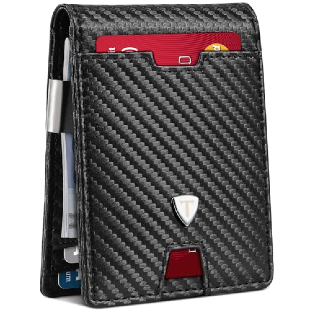 Tomylv Mens Wallets Slim RFID Blocking Carbon Fiber Leather Wallets Mens with up to 13 Credit Card Holder, Strong Money Clip & ID Window Minimalist Bi-Fold Wallets for Men UK with Gift Box - Black