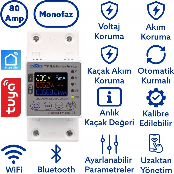 Tomzn 80A Wifi Akıllı Kaçak Akım Rölesi Tomzn 80A Wifi Voltaj Akım Koruyucu Röle TOMPD-80LW Diğer Fiyatı