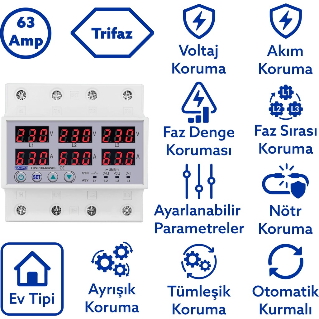 Tomzn Gerilim Ve Akım Koruma Rölesi Voltaj Koruyucu 63A 3 Fazlı - Ev Tipi - Ayrışık Faz Koruma Diğer Fiyatı