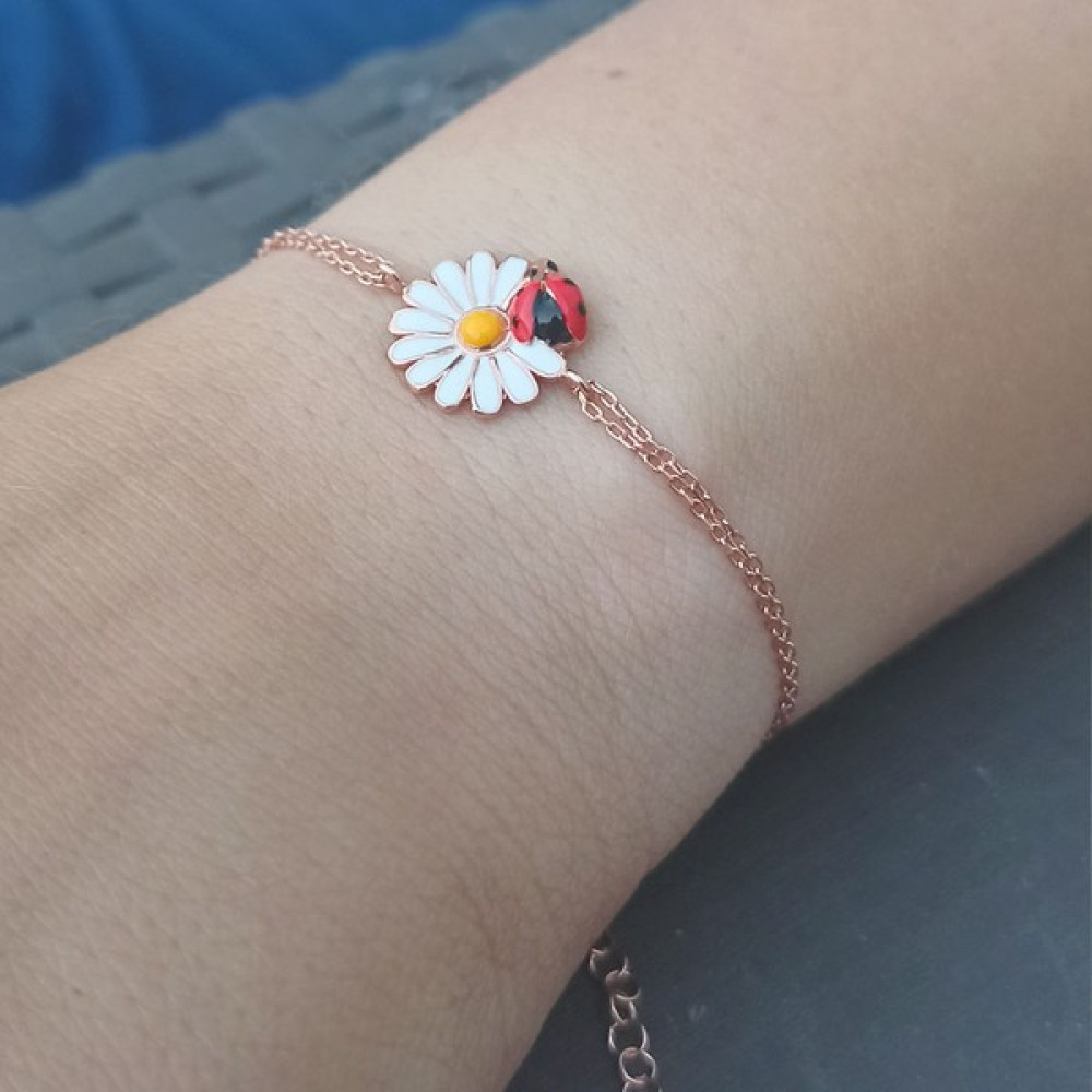 Ton Bright Uğur Böcekli Rose Renk Çift Sıra Zincirli Gümüş Papatya Model Mineli Bileklik - 20 cm Saat ve Bileklik Aksesuarı Fiyatı