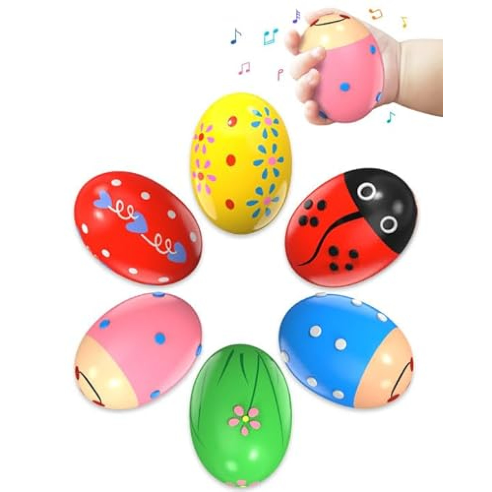 Tonberless 6 Pack Wooden Percussion Musical Shaker Easter Basket Stuffers for Toddler, Prefilled Easter Eggs Fillers Basket Essentials for Gifts Toys for Toddlers Kids Babies Boys Girls