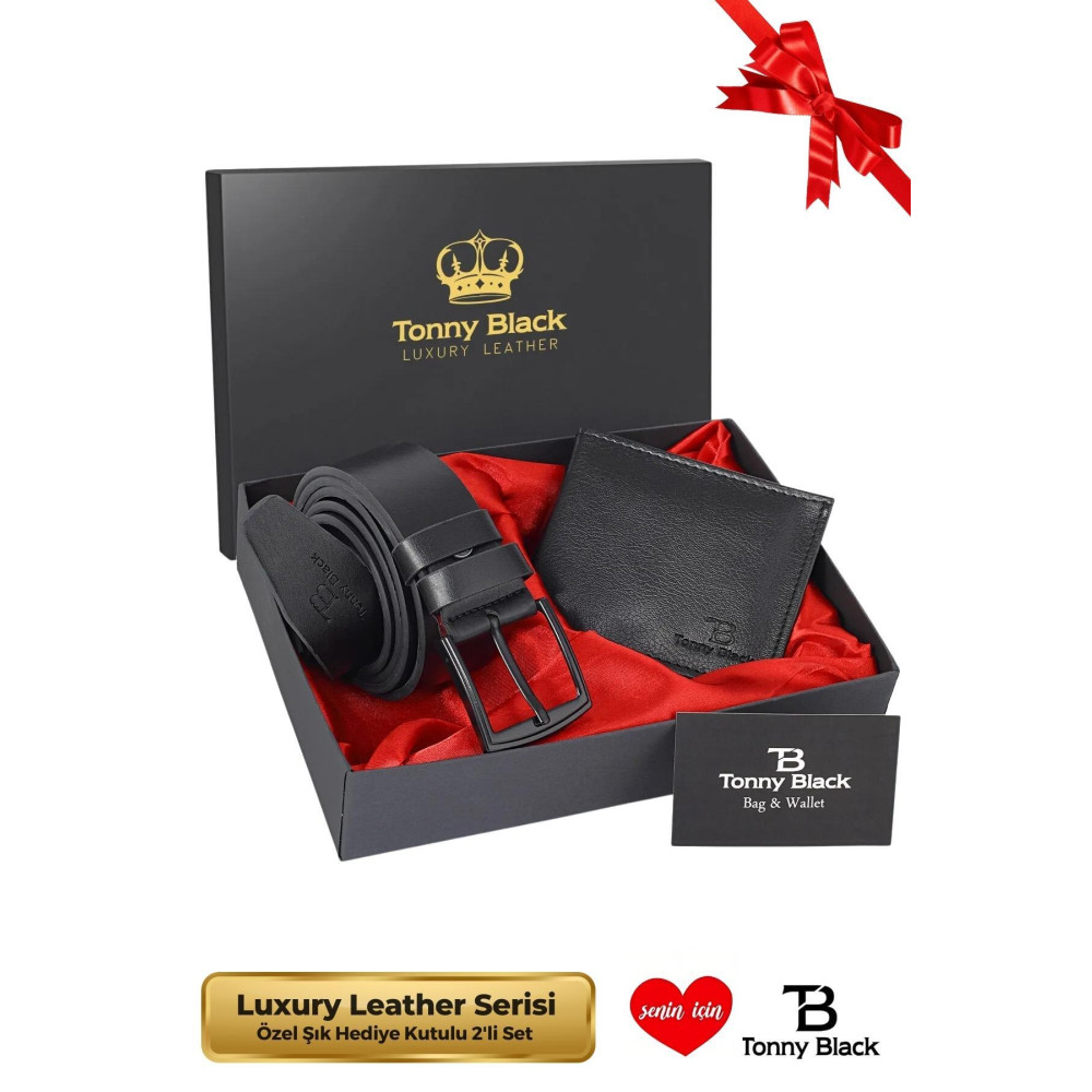 Tonny Black Orijinal Erkek Özel Hediye Kutulu 2li Set Luxury Serisi Damat Hediyelik Şık Deri Kemer Cüzdan Seti 120 CM Beden Bayan Cüzdan Fiyatı