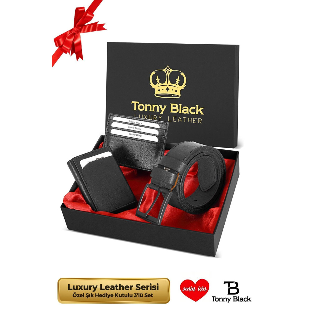 Tonny Black Orijinal Erkek Özel Hediye Kutulu 3lü Set Luxury Serisi Şık Mekanizmalı Cüzdan Kartlık Kemer Seti 120 CM Beden Bayan Cüzdan Fiyatı