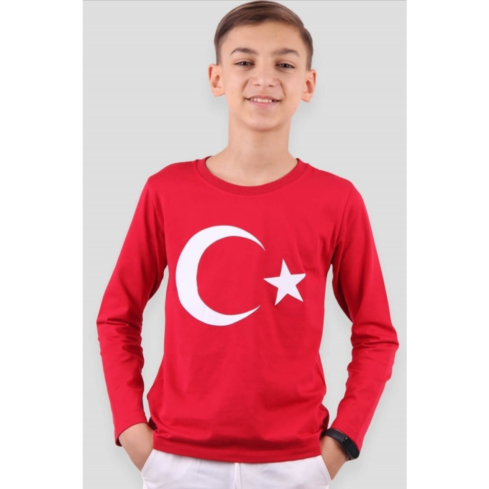 TONTİŞLER BEBEK VE ÇOCUK GİYİM 29 Ekim Ay Yıldızlı Uzun Kollu Kırmızı Penye Tişort Okul Gösteri Tören (4-16) Yaş 9 Yaş Beden Bayan T-shirt Fiyatı