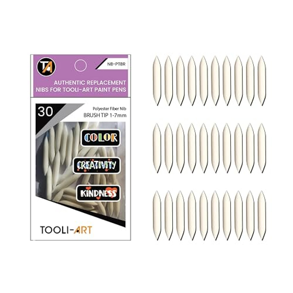 TOOLI-ART 30 Replacement Double Sided Flexible Brush Nibs. Compatible Brush Tip Paint Pens Acrylic Markers. Easy To Replace