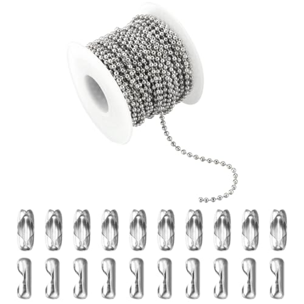Topacket 33Feet Ball Bead Chain Stainless Steel Dog Tag Chain with Matching Connectors for Jewelry Making Necklace Hanging Bracelets Keychain(2.4mm)