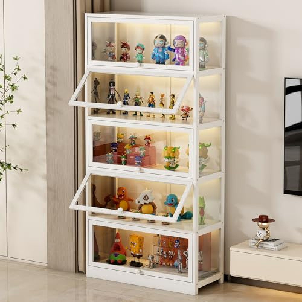 TOPSAOMAI 5-Tier Display Cabinet with Acrylic Glass Door Curio Display Case for Collectibles Toy Organizers Rack & Display Shelf Kids Bookshelf for Home, Office, Playroom, Living Room（White）