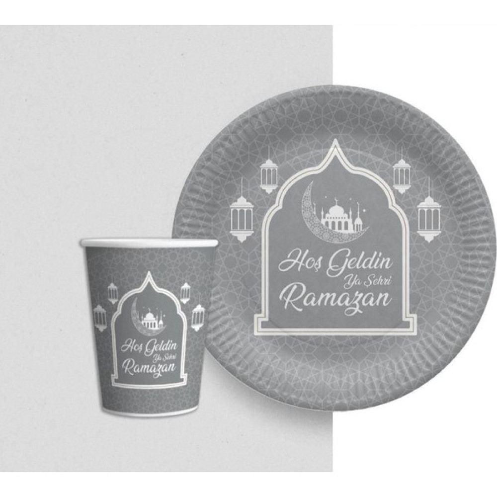Toptan Bulurum Gümüş Renk Hoşgeldin Ya Şehr-I Ramazan Yazılı Tabak ve Bardak Seti 16 Adet Bahçe Dekorasyon & Düzenleme Fiyatı