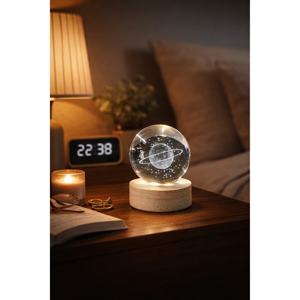 Toptan Hediyeci 3D Kristal Satürn Gece Lambası | Ahşap Tabanlı USB Işıklı Dekoratif Lamba - Ahşap - Sarı Diğer Fiyatı