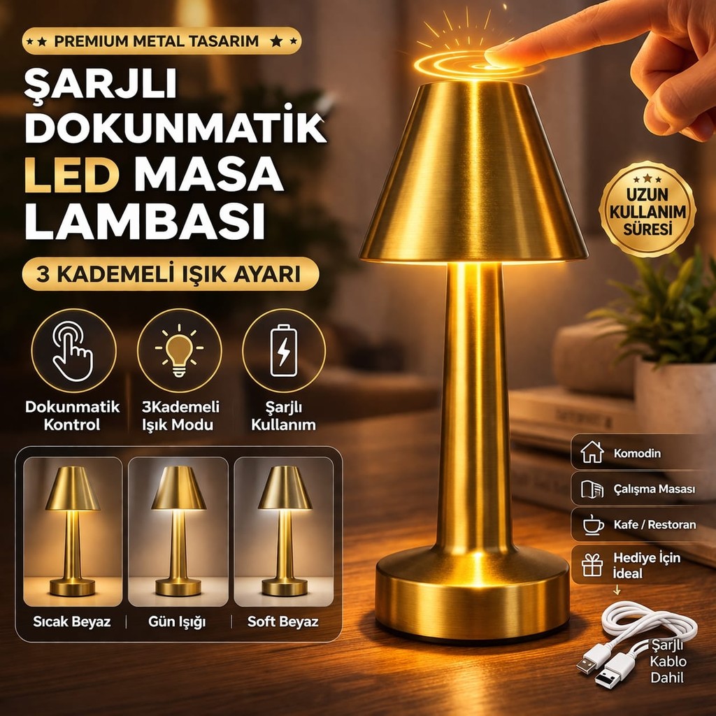 Toptan Hediyeci Şarjlı Dokunmatik LED Masa Lambası Gold | 3 Kademeli Işık Ayarlı Premium Metal Gece Lambası - Gün Işığı Diğer Fiyatı
