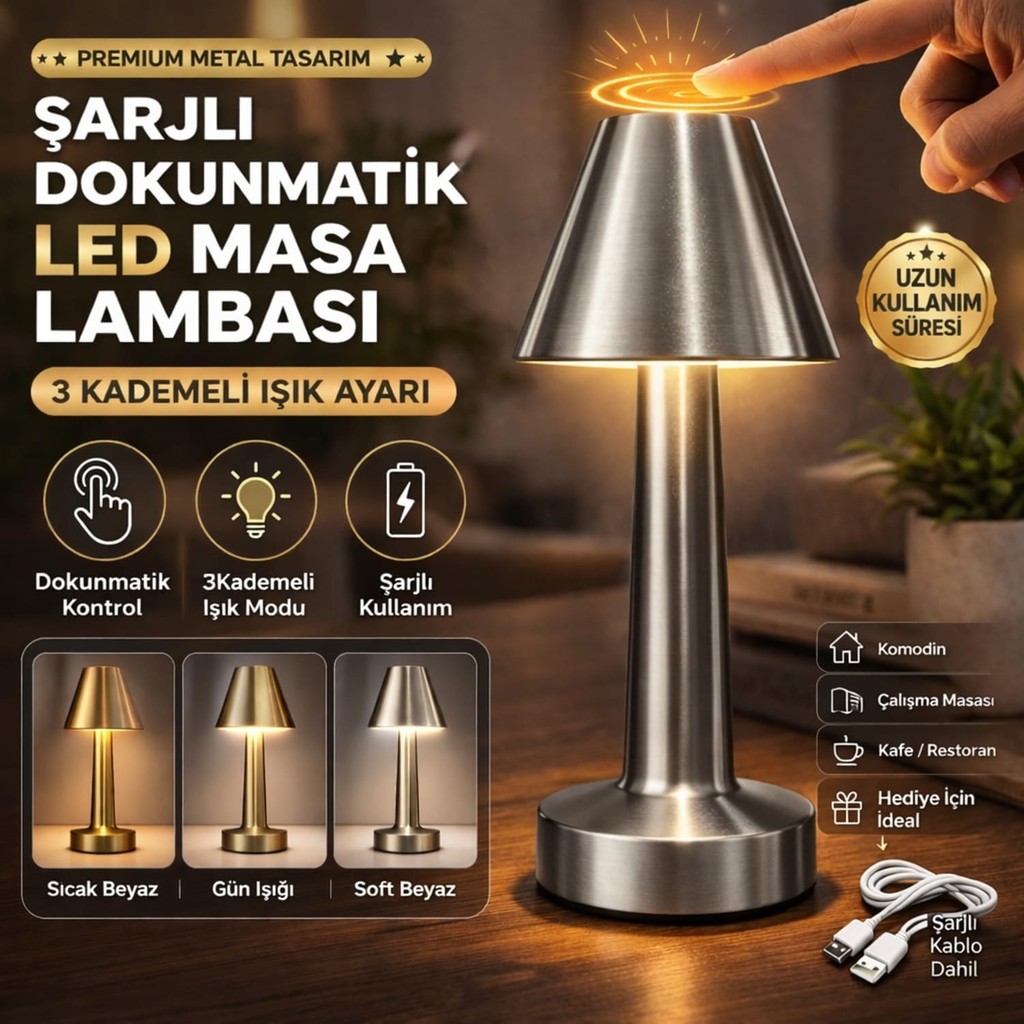 Toptan Hediyeci Şarjlı Dokunmatik LED Masa Lambası Gümüş | 3 Kademeli Işık Ayarlı Premium Metal Gece Lambası - Gümüş - Gri Diğer Fiyatı