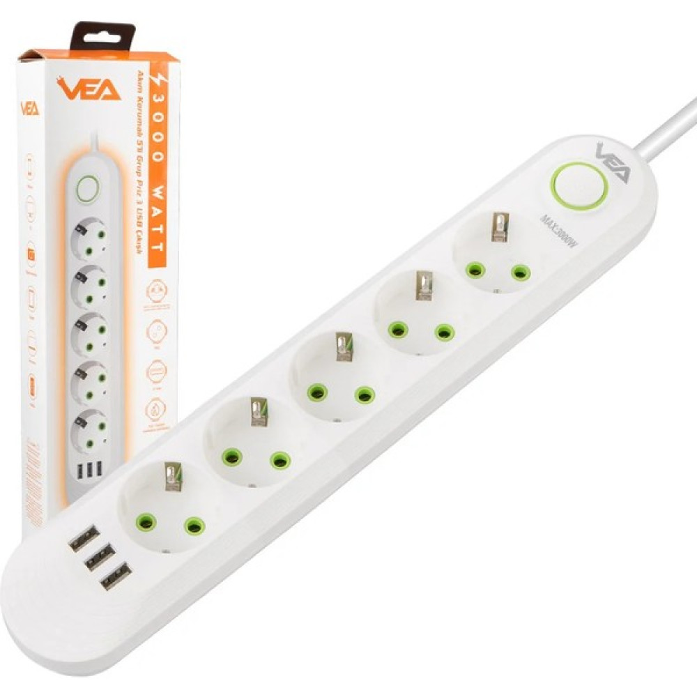 Toptancı Amca VA-21562 5'li 3 Usb'li 1.5 Metre Akım Korumalı Priz Beyaz Prizler Fiyatı