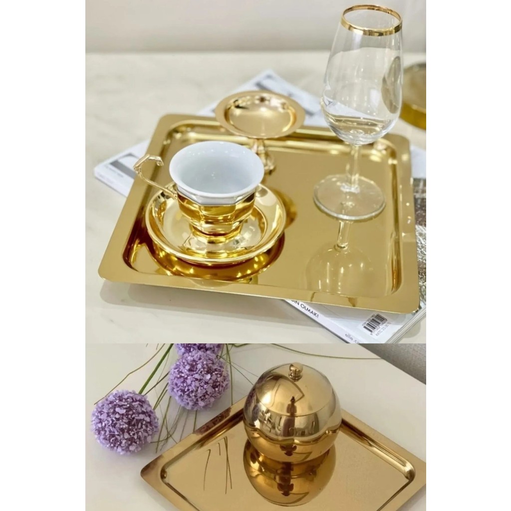 Toptanfoni Paslanmaz Çelik Gold Renk Sunum Tepsisi 21 X 21 Cm Çay Kahve Pasta Tatlı Servis Sunum Tepsisi 6 Adet Servis Tepsisi Fiyatı