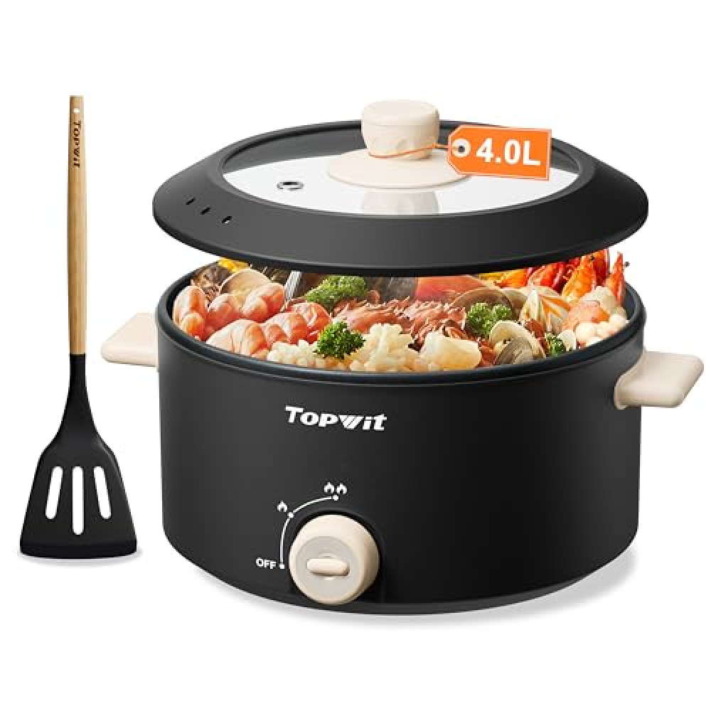 TOPWIT Hot Pot Electric, ?? Electric Pot with Non-Stick Coating, Dual Power Electric Cooker for Deep Frying, Steak, Pasta, Multi-Functional Large Capaity Shabu Shabu Pot for Party, Dark Black