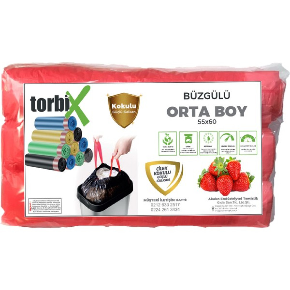 Torbix Büzgülü Çöp Torbası Çilek Kokulu Orta Boy 55 x 60 cm 3 Rulo x 10 Adet Çöp Poşetleri Fiyatı