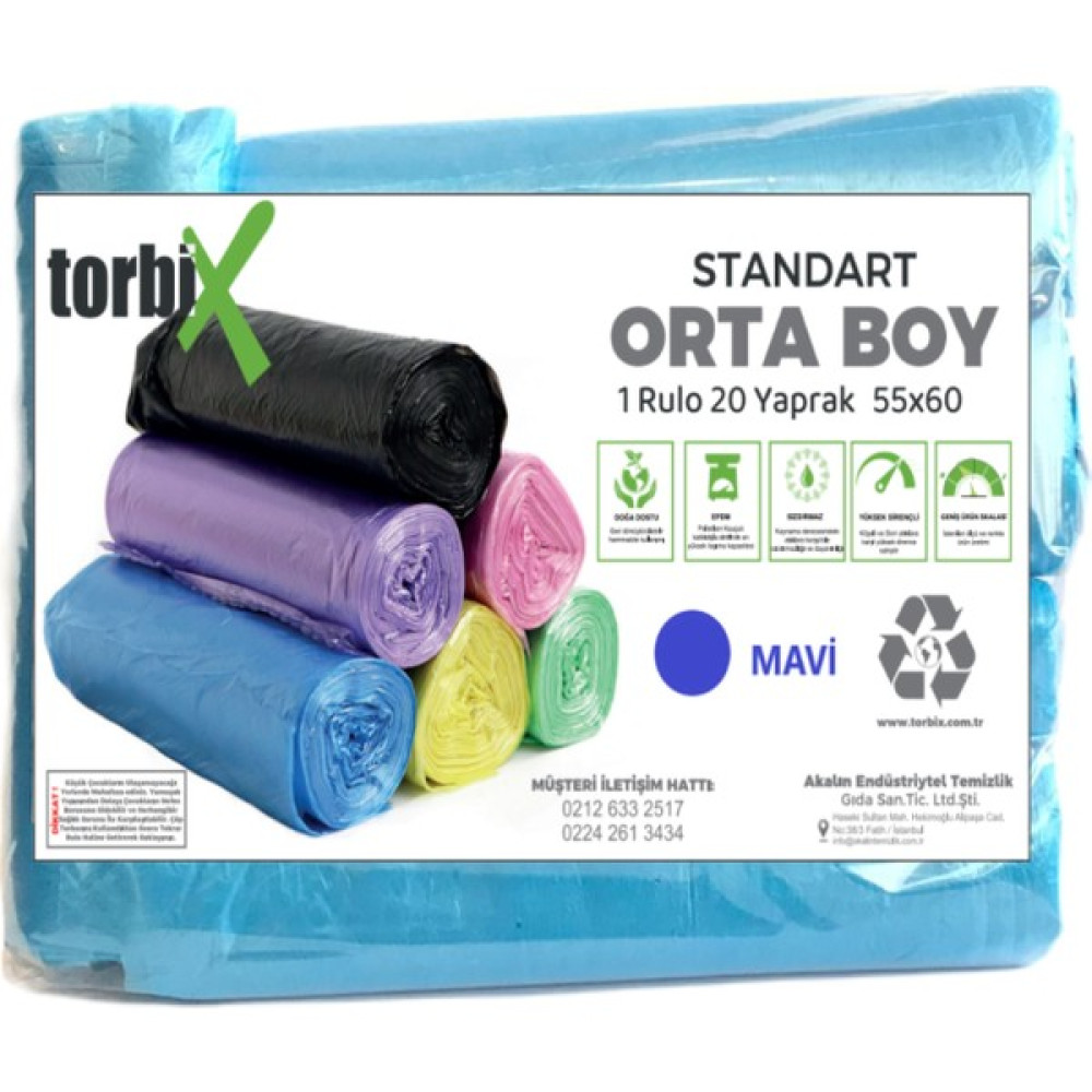 Torbix Çöp Poşeti Orta Boy 55*60 Mavi 5 Rulo 5*20 Toplam 100 Adet Çöp Poşetleri Fiyatı