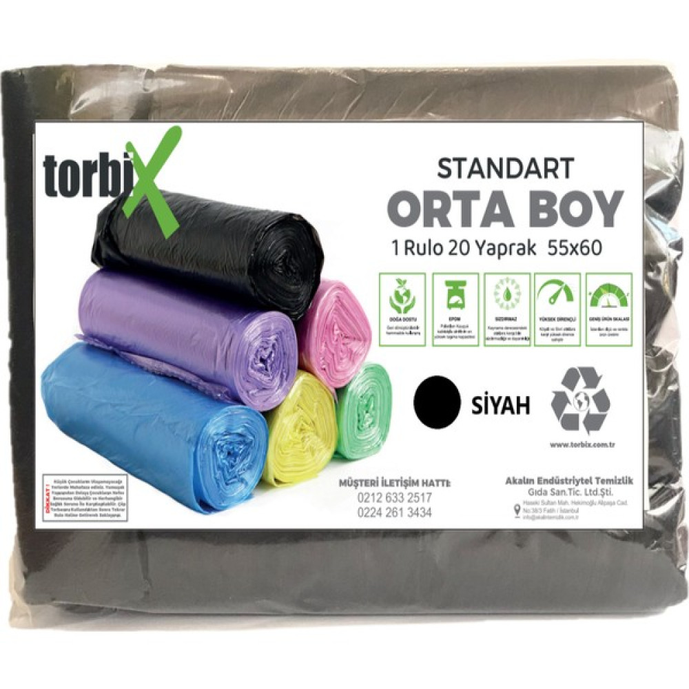 Torbix Çöp Poşeti Orta Boy 65*80 Siyah 5 Rulo 5*20 Toplam 100 Adet Çöp Poşetleri Fiyatı