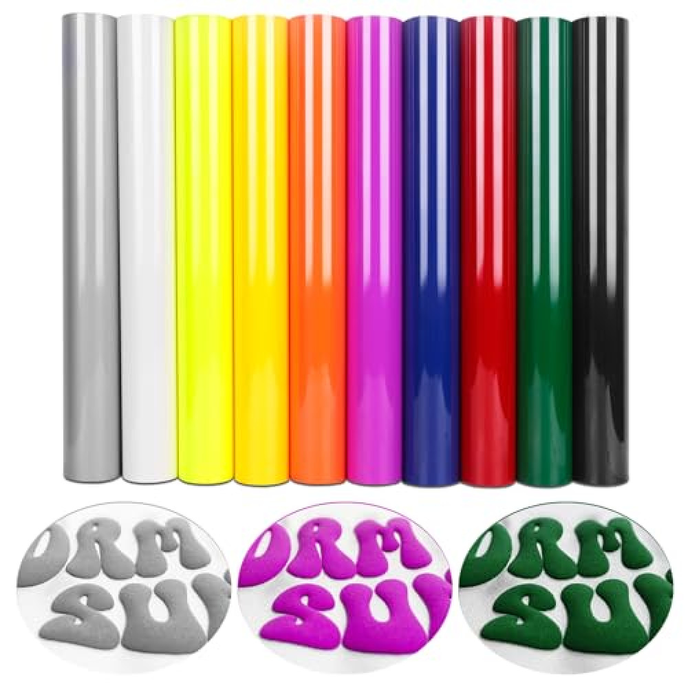 TORC 3D Puff HTV Heat Transfer Vinyl 12x10 10-Sheet Pack - Assorted Colors, Iron-On for T-Shirts, DIY Crafts, Compatible with Cricut & All Cutters, Easy Cut & Weed