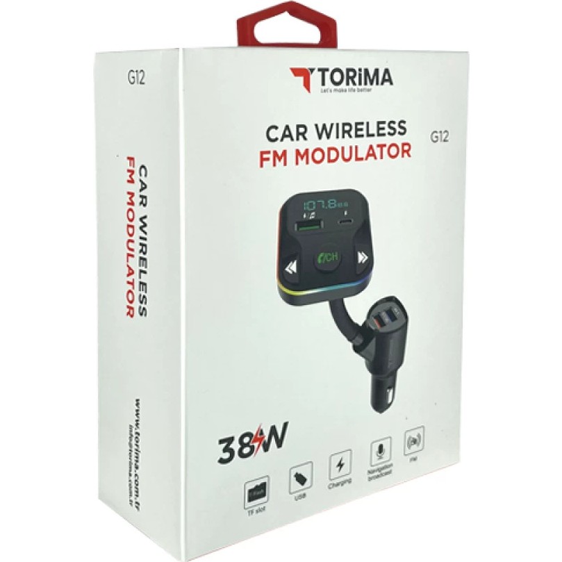 Torima G12 Bluetoot Fm Transmitter Fm Verici 38W Pd Giriş Microsd Kart Girişi Oto Transmitterleri Fiyatı