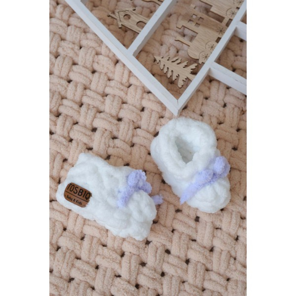 Tosbiq Baby Yenidoğan Örgü Patik 0-3M Lila Fiyonklu Beyaz Unisex El Yapımı Bebek Panduf Alize Puffy İp Organik Sertifika Bebek Ayakkabısı Fiyatı
