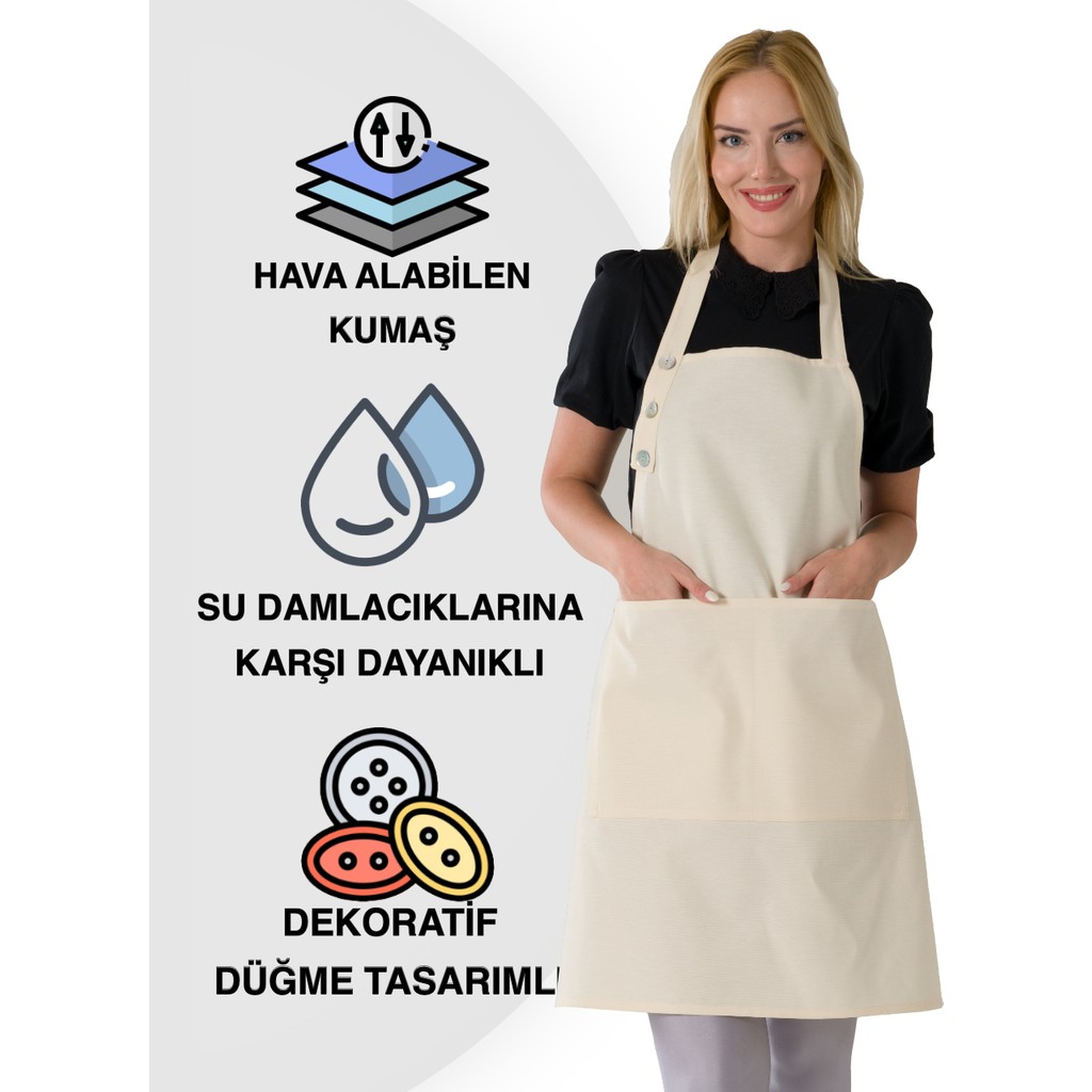 Toshe Boyun Ayarlı, Suya Dayanıklı, Cepli Şef, Aşçı, Mutfak Önlüğü ,Cafe, Barista, Kuaför, Ressam ve Çiçekçi Önlükleri, Krem Önlük - Standart Mutfak Önlüğü Fiyatı