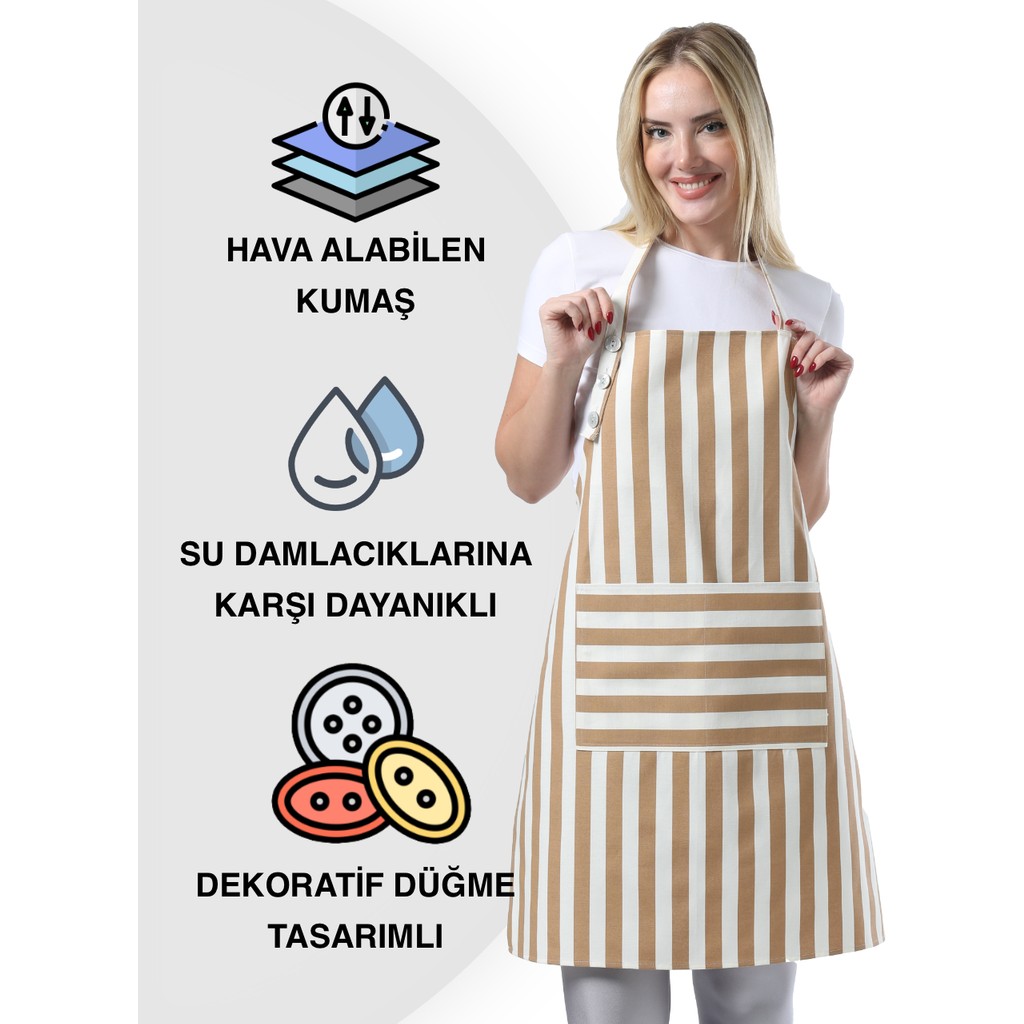 Toshe Boyun Ayarlı,Suya Dayanıklı, Şef, Aşçı, Mutfak Önlüğü, Cafe, Barista, Kuaför, Ressam ve Çiçekçi Önlükleri, Kahverengi ve Beyaz Çizgili Önlük Mutfak Önlüğü Fiyatı