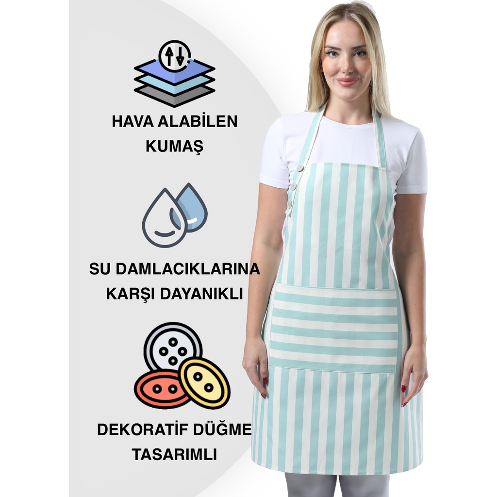 Toshe Boyun Ayarlı,Suya Dayanıklı, Şef, Aşçı, Mutfak Önlüğü, Cafe, Barista, Kuaför, Ressam ve Çiçekçi Önlükleri, Turkuaz ve Beyaz Çizgili Önlük Mutfak Önlüğü Fiyatı