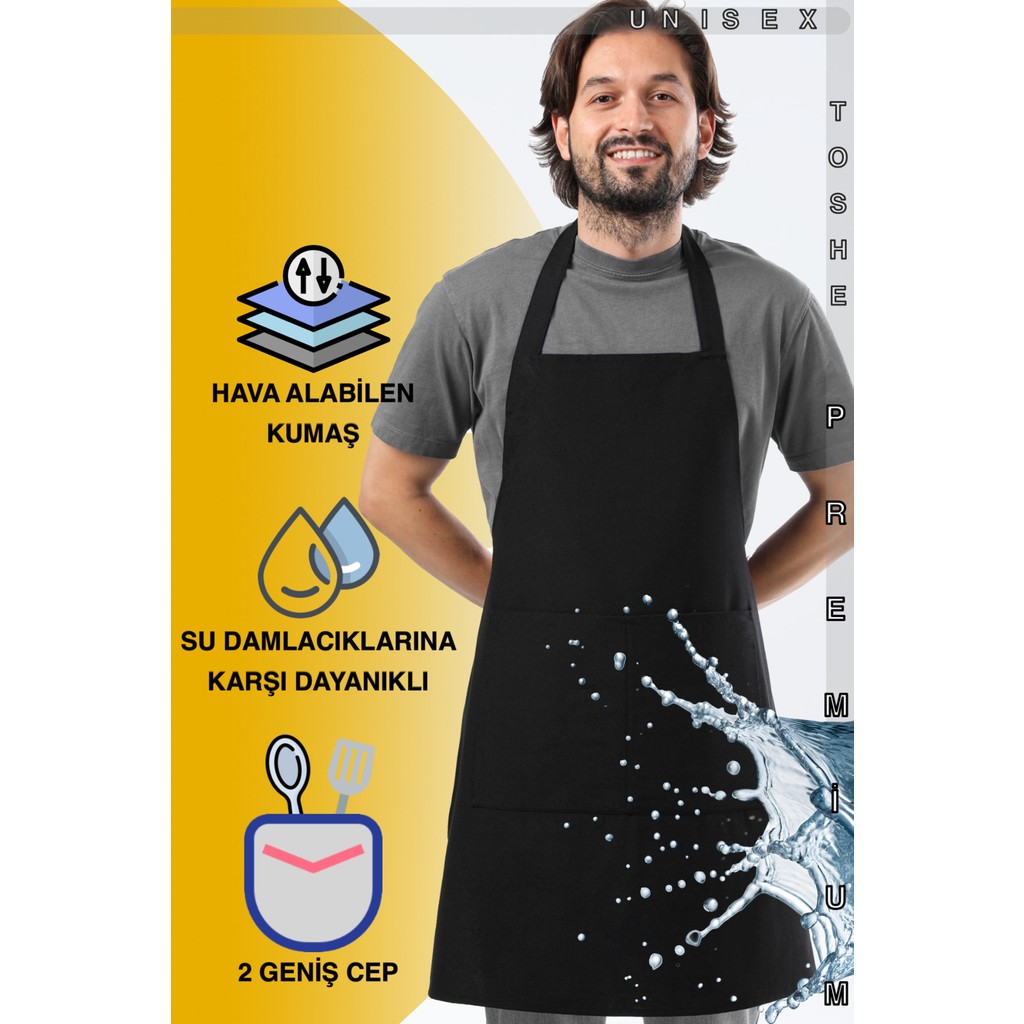 Toshe Mutfak Önlüğü Suya Dayanıklı Mutfak Önlük Şef Önlüğü 2 Geniş Cepli Barista Önlüğü Önlük Siyah - Standart Mutfak Önlüğü Fiyatı