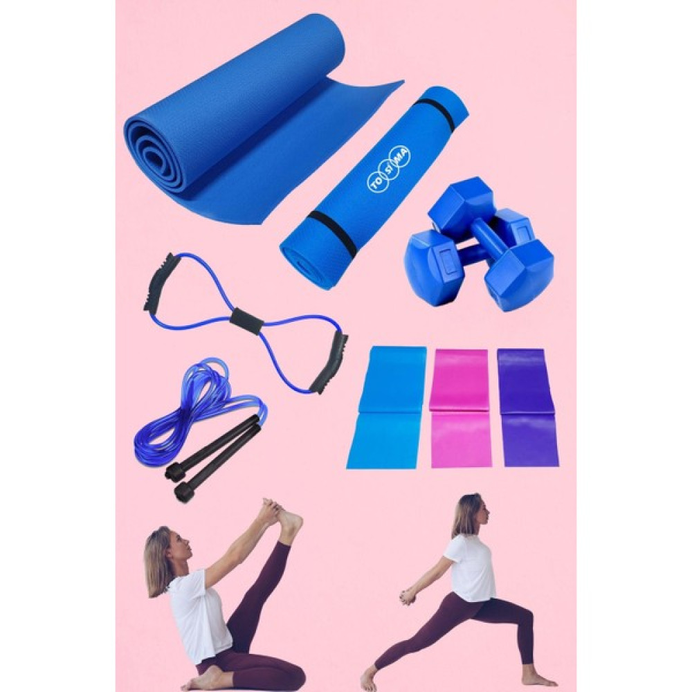 Tosima 7mm Pilates Minderi 3'lü Pilates Lastiği ve 1 kg Çiftli Dumbell Sekizgen Lastik ve Atlama Ipi Seti Pilates Minderi Fiyatı