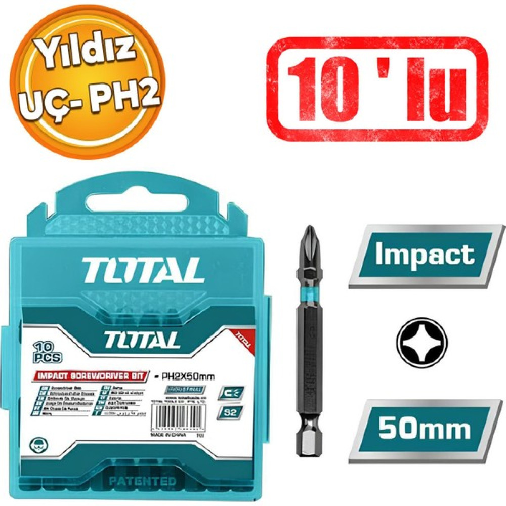 Total Mıknatıslı Bits Uç Matkap Vida Vidalama Ucu 10'lu Yıldız Uç Seti Ph2 Oto Boyaları Fiyatı