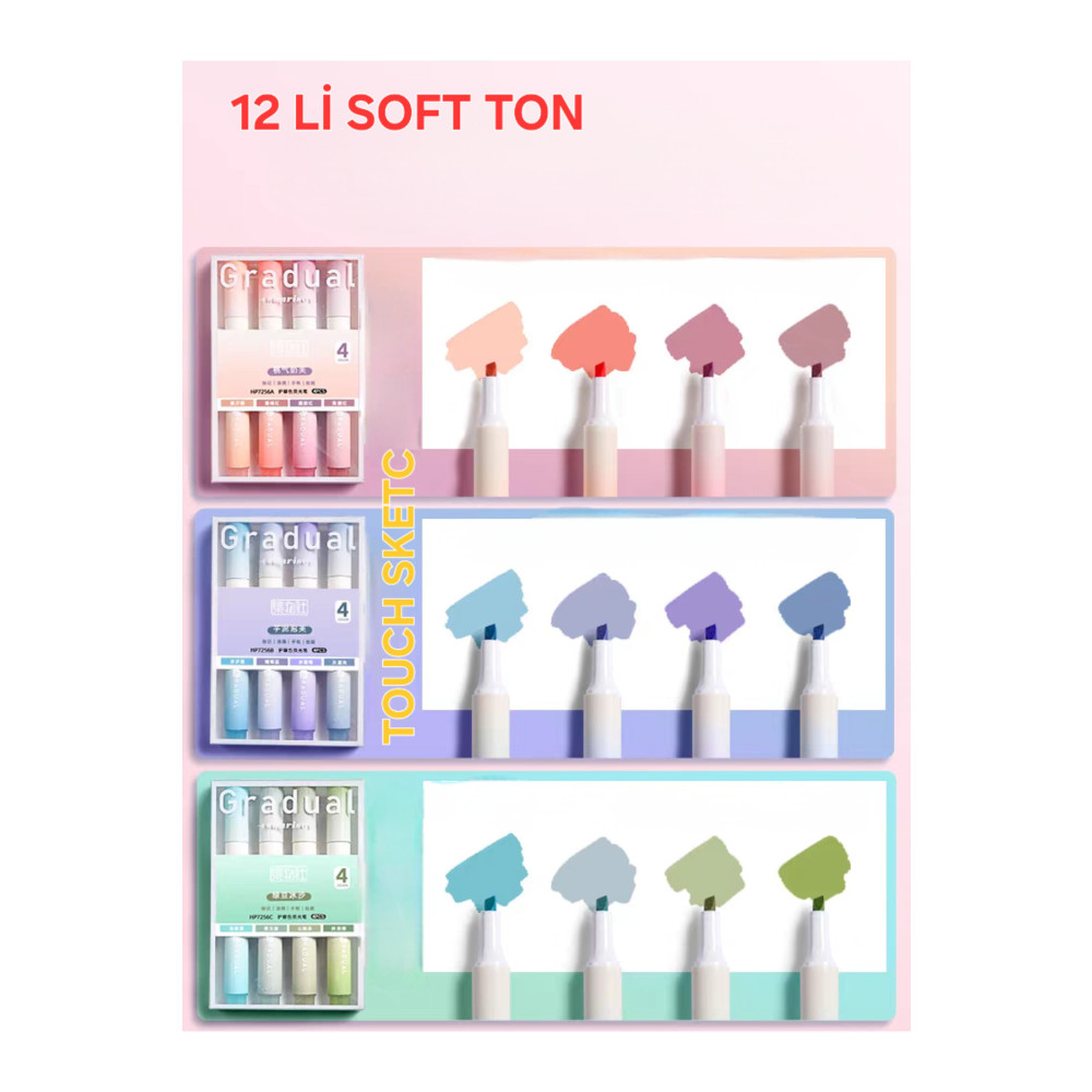 TOUCH SKETC 12li Gradual Fosforlu Kalem Seti Soft Renkler 4 Lu Paketler Fosforlu Kalem Fiyatı