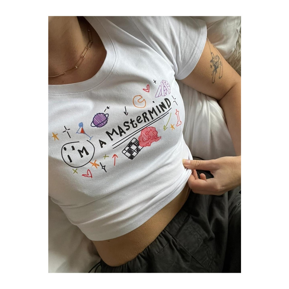 Touz Im A Mastermind Baskılı Beyaz Crop L-XL Beden Bluz Fiyatı