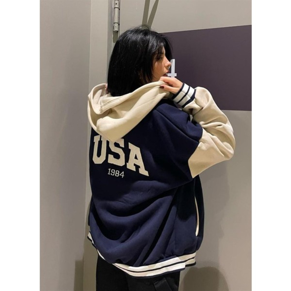 Touz Lacivert Kapşonlu Usa Unisex Oversize Kolej Ceket Bayan Ceket Fiyatı