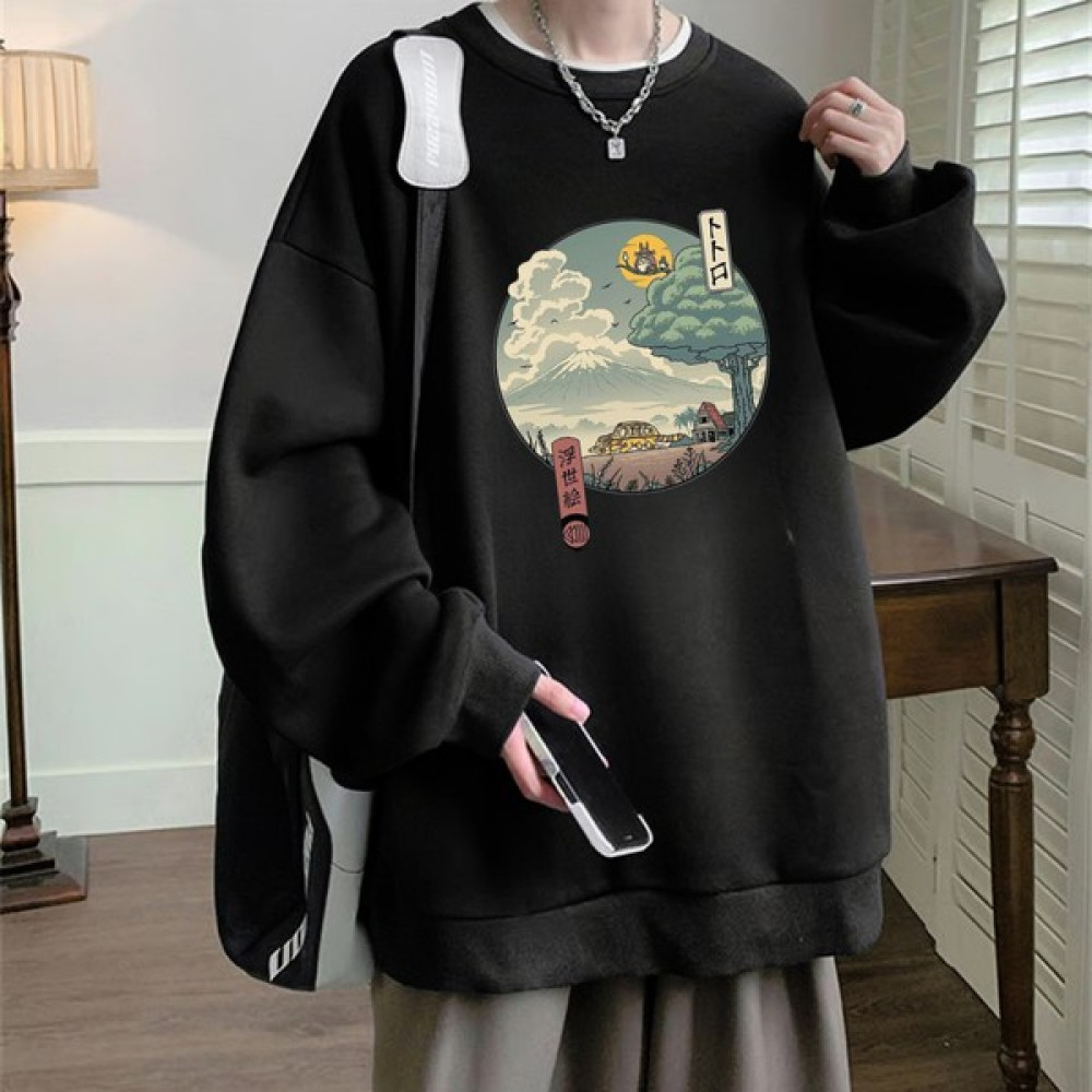 Touz Moda Anime Harajuku Totoro Baskılı Siyah Unisex Oversize Bisiklet Yaka Sweatshirt Bayan Sweatshirt Fiyatı