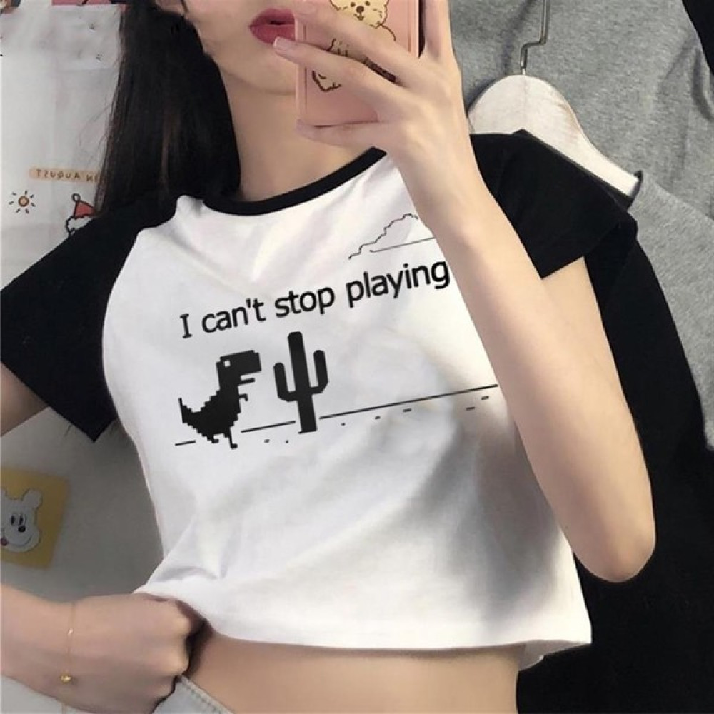 Touz Moda Dinosaur Game Baskılı Reglan Kol Beyaz Crop Bluz Fiyatı