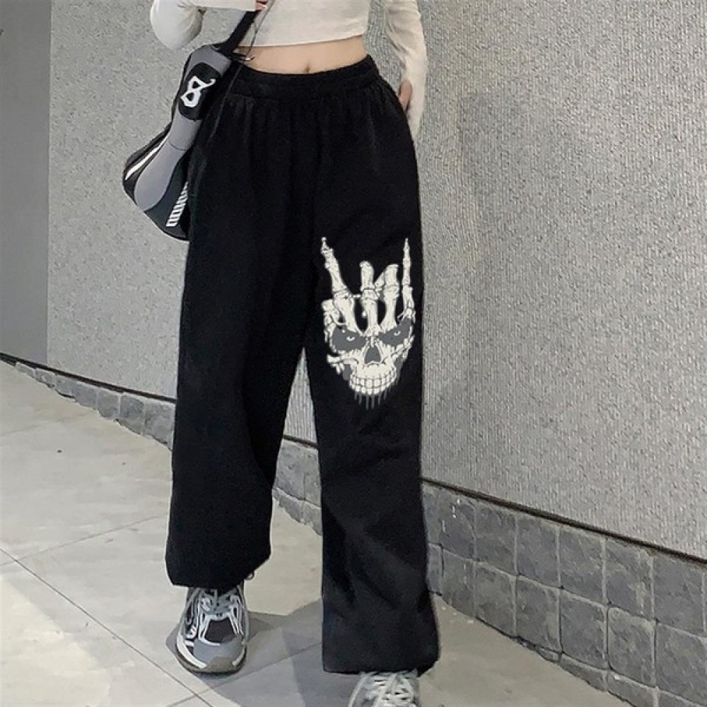 Touz Moda Gothic Skull Hand Baskılı Oversize Unisex Siyah Eşofman Altı Kadın Eşofman Fiyatı