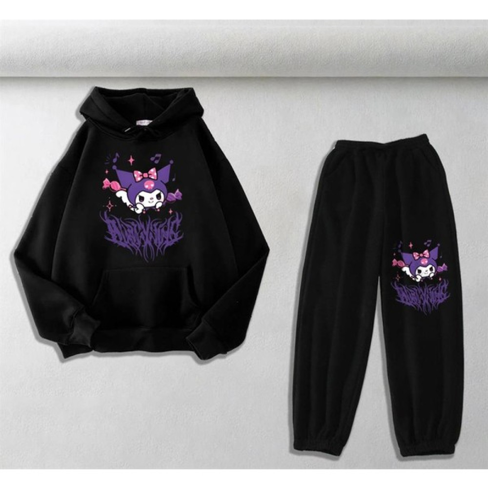 Touz Moda Harajuku Kuromi Baskılı Siyah Sweatshirt-Eşofman Altı İkili Takım Bayan Sweatshirt Fiyatı