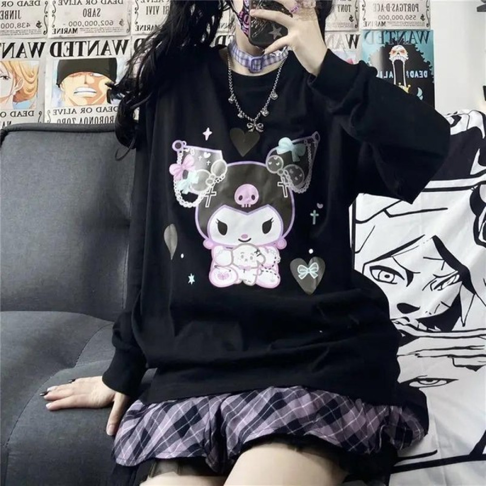 Touz Moda Harajuku Kuromi Baskılı Siyah Unisex Oversize Bisiklet Yaka Sweatshirt Bayan Sweatshirt Fiyatı