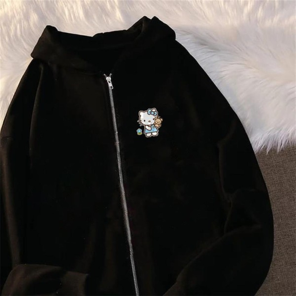 Touz Moda Hello Kitty Baskılı Oversize Fermuarlı Siyah Unisex Kapüşonlu Hırka Bayan Sweatshirt Fiyatı