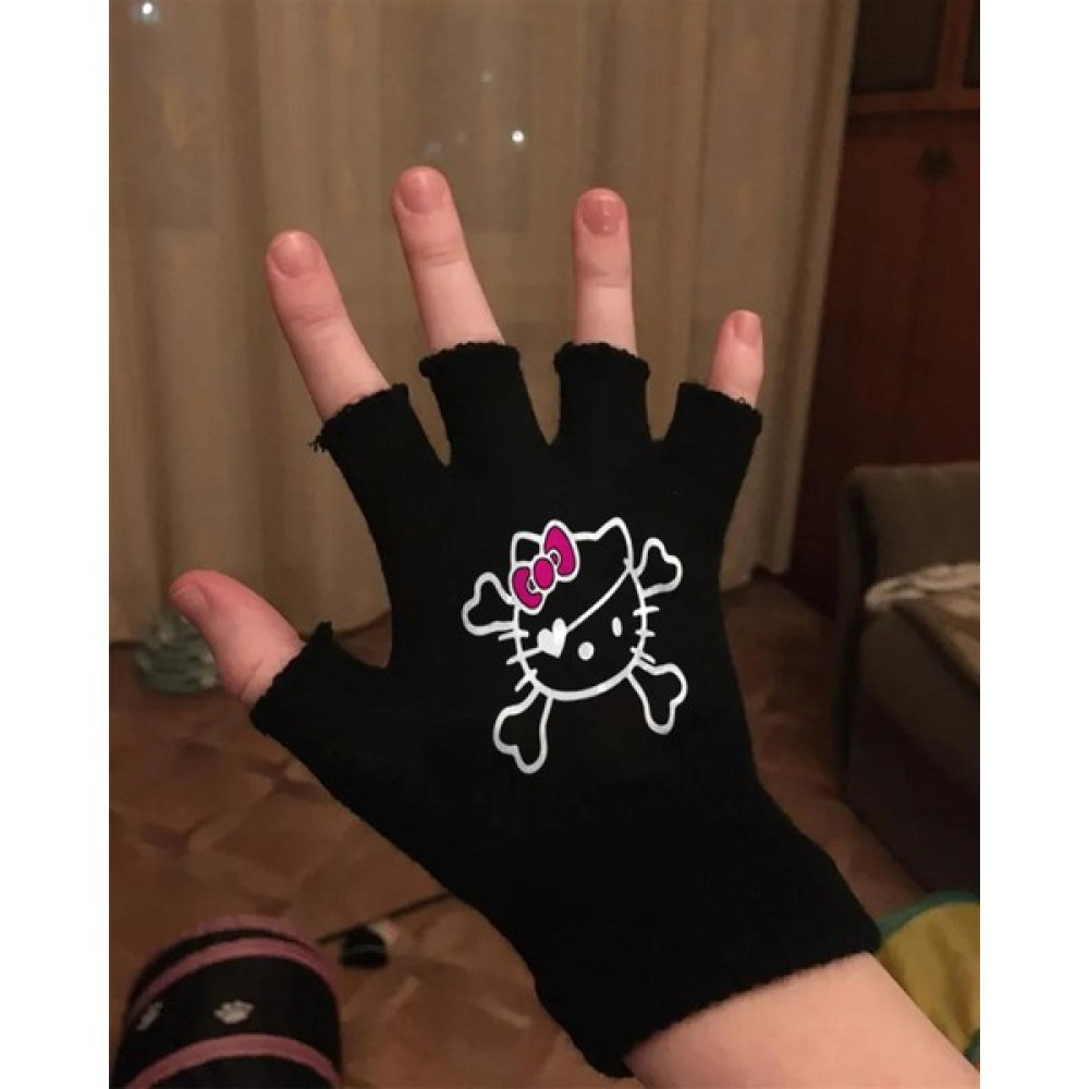 Touz Moda Hello Kitty Dangerous Baskılı Unisex Siyah Kesik Çift Eldiven Kadın Eldiveni Fiyatı