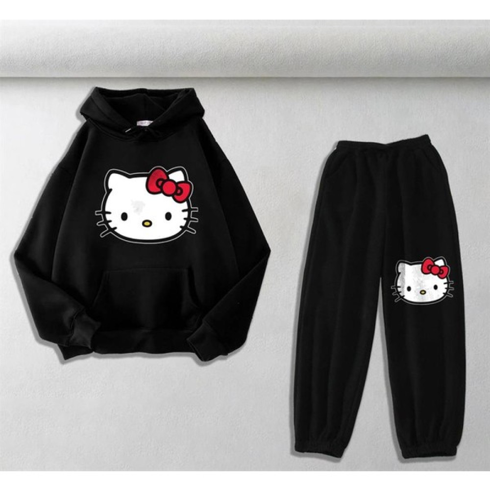 Touz Moda Hello Kitty Head Baskılı Siyah Sweatshirt-Eşofman Altı İkili Takım Bayan Sweatshirt Fiyatı