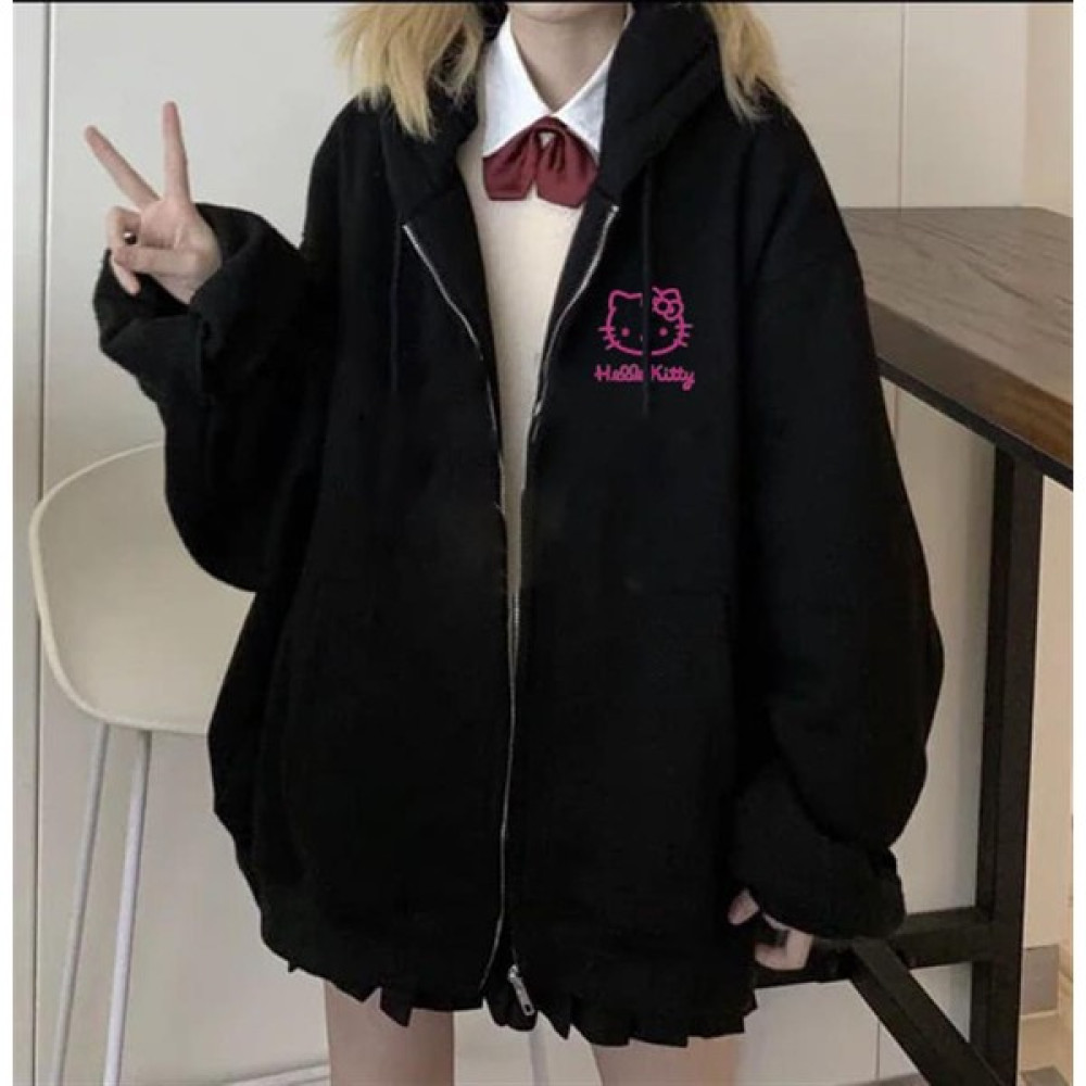 Touz Moda Hello Kitty Pink Baskılı Oversize Fermuarlı Siyah Unisex Kapüşonlu Hırka Bayan Sweatshirt Fiyatı