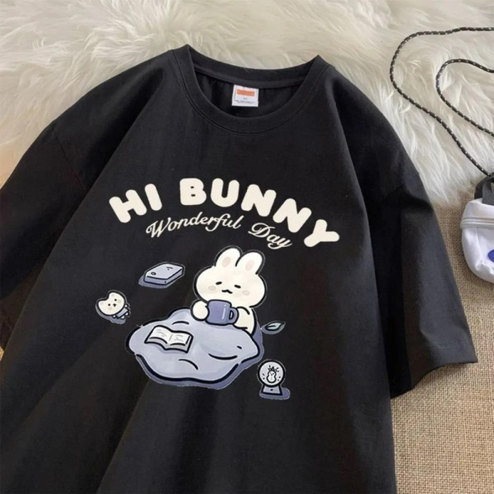 Touz Moda Hi Bunny Baskılı Siyah Unisex Oversize T-Shirt Bayan T-shirt Fiyatı