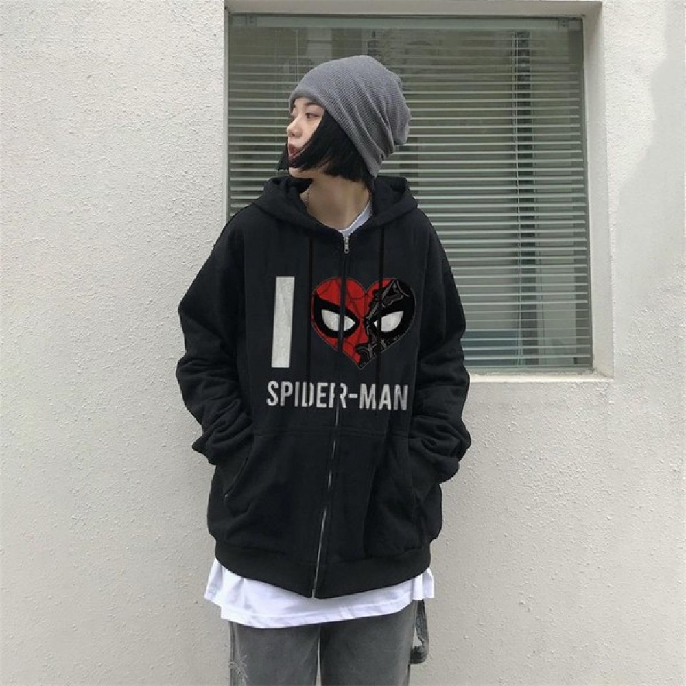 Touz Moda I Love Spider-Man Baskılı Oversize Fermuarlı Siyah Unisex Kapüşonlu Hırka Bayan Sweatshirt Fiyatı