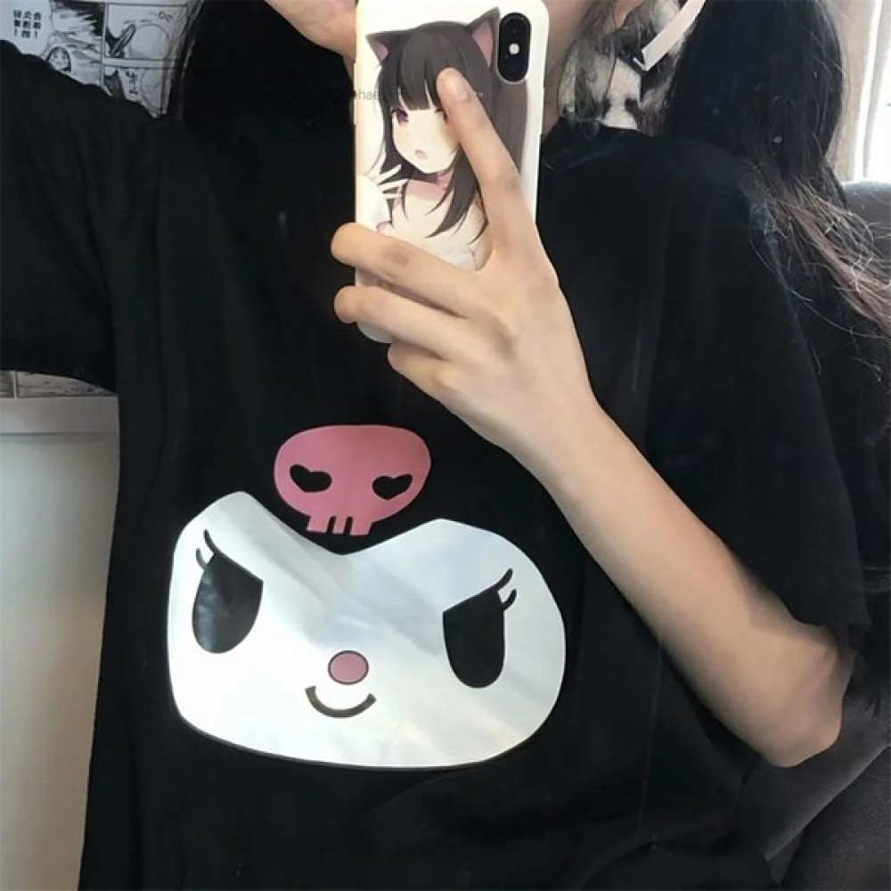 Touz Moda Kuromi Face Baskılı Siyah Oversize T-Shirt Bayan T-shirt Fiyatı