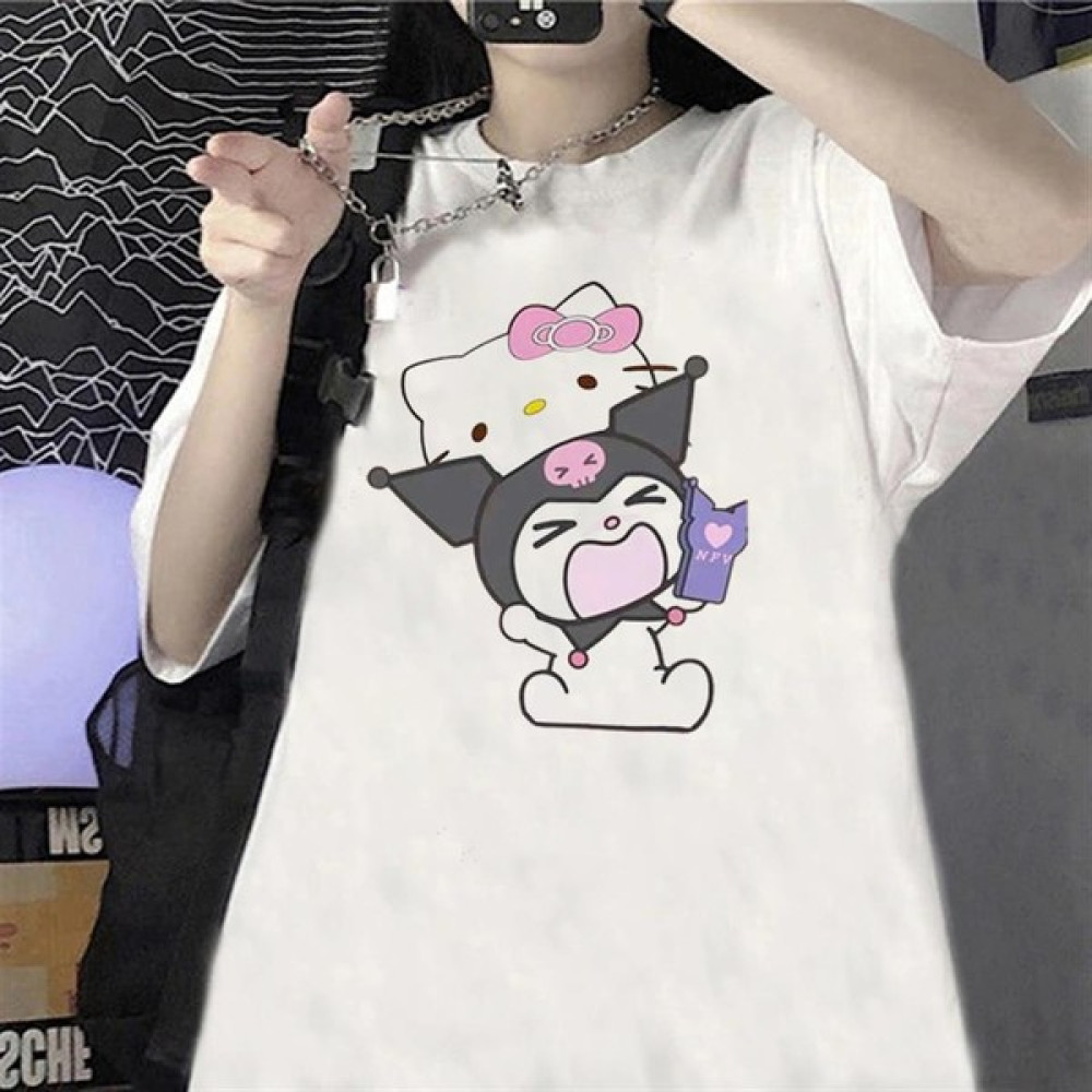 Touz Moda Kuromi & Hello Kitty Beyaz Unisex Oversize T-Shirt Bayan T-shirt Fiyatı