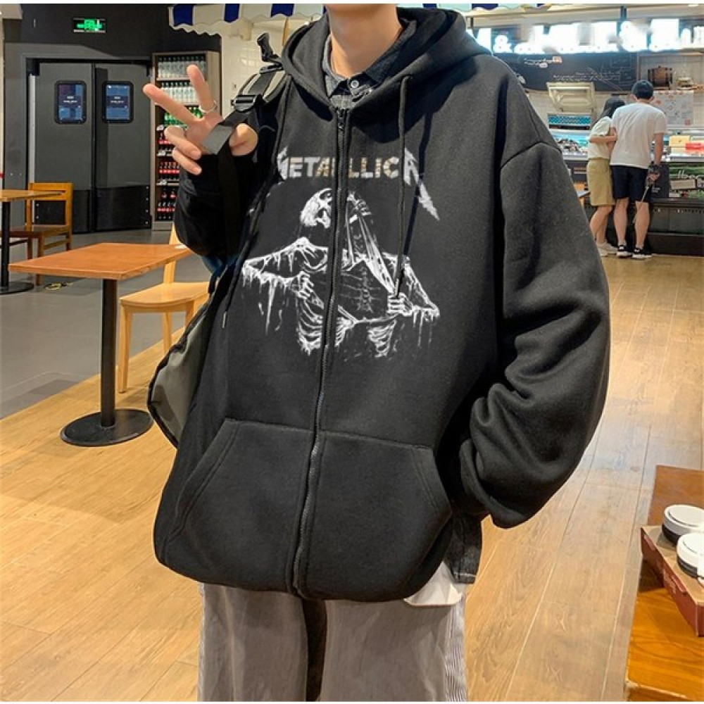 Touz Moda Metallica Skeleton Baskılı Oversize Fermuarlı Siyah Unisex Kapüşonlu Hırka Bayan Sweatshirt Fiyatı