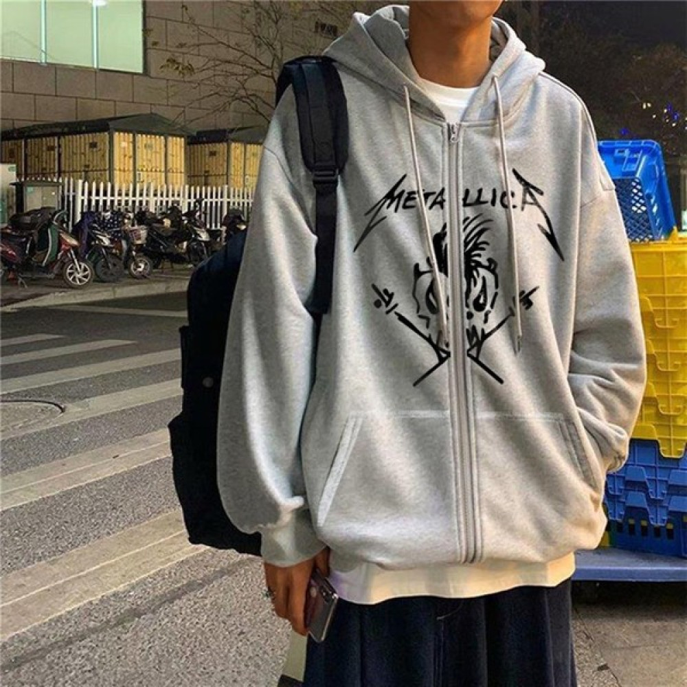 Touz Moda Metallica Skull Baskılı Oversize Fermuarlı Gri Unisex Kapüşonlu Hırka Bayan Sweatshirt Fiyatı