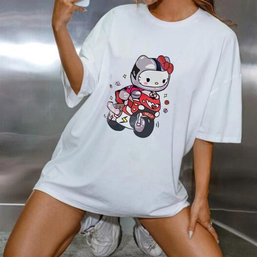 Touz Moda Motorcyclist Hello Kitty Baskılı Beyaz Unisex Oversize T-Shirt10 Bayan T-shirt Fiyatı